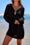 sexy slight stretch solid color knitted hollow long sleeve dress cover-up_Black
