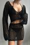 sexy slight stretch solid color knitted hollow mini skirt set cover-up_Black