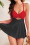 new sexy plus-size padded patchwork 7-color cross hollow lace-up tankini set_Pink_Red