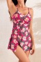 stylish plus-size padded 4-color batch printing flowers high-waist tankini set_Rose Red_Watermelon Red