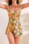 stylish plus-size padded 4-color batch printing flowers high-waist tankini set_Rose Red_Watermelon Red_Deep Yellow