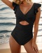 new stylish plus-size padded 10-color patchwork ruffle cross one-piece swimsuit_Black