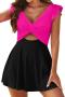 stylish new plus-size padded 3-color patchwork ruffle cross tankini set_White_Pink_Magenta