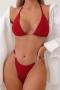 sexy 3 colors padded halter-neck pearl decor triangle bikini set_Black_Red