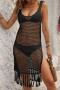 sexy cut out knitted tassel beach dress cover-up(only cover-up)_Black