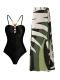 new stylish padded one piece swimsuit geometric batch printing cover-up set_Black