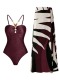 new stylish padded one piece swimsuit geometric batch printing cover-up set_Black_Dark Gray_Rose Red