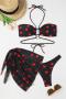 sexy 4 colors heart print halter neck with padded three piece set_Black