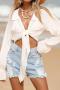 new slight stretch 13-color lace-up long sleeve beach cover-up_Black_White