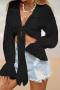 new slight stretch 13-color lace-up long sleeve beach cover-up_Black