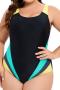 new stylish padded plus-size 4-color patchwork contrast color one piece swimsuit_Black