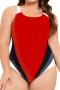new stylish padded plus-size 4-color patchwork contrast color one piece swimsuit_Black_Red
