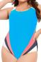 new stylish padded plus-size 4-color patchwork contrast color one piece swimsuit_Black_Red_Sky Blue
