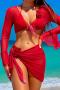sexy 3d flower decor padded halter-neck four-piece swimsuit_Black_Red