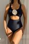 stylish padded patchwork applique backless one-piece swimsuit_Black