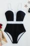 s-xxl new plus-size padded patchwork 5-color triangle one-piece swimsuit_Black