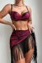 new padded underwire leaf batch printing tassel cover-up three-piece swimsuit_Red