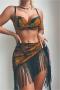 new padded underwire leaf batch printing tassel cover-up three-piece swimsuit_Red_Orange