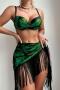 new padded underwire leaf batch printing tassel cover-up three-piece swimsuit_Red_Orange_Green