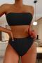 sexy 3 colors padded bandeau lace-up high waist tankini set_Black