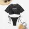 sexy mesh stitching padded hollow rhinestone decor short sleeve tankini set_Black