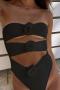 new sexy padded patchwork solid color hollow bandeau one-piece swimsuit_Black