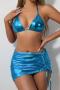 new plus-size padded 6-color leather drawstring lace-up three-piece swimsuit_Black_Red_Magenta_Sky Blue
