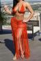 sexy plus size stretch cut out knitted halter-neck bra & skirt set cover-up_Magenta_Orange