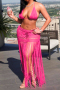 sexy plus size stretch cut out knitted halter-neck bra & skirt set cover-up_Magenta