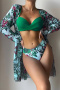 new plus-size padded underwire patchwork flowers printing three-piece swimsuit_Pink_Yellow_Orange_Green