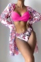 new plus-size padded underwire patchwork flowers printing three-piece swimsuit_Pink
