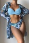 new plus-size padded underwire patchwork flowers printing three-piece swimsuit_Pink_Yellow_Orange_Green_Sky Blue