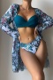 new plus-size padded underwire patchwork flowers printing three-piece swimsuit_Pink_Yellow_Orange_Green_Sky Blue_Dark Blue