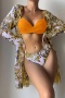 new plus-size padded underwire patchwork flowers printing three-piece swimsuit_Pink_Yellow