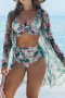 sexy stylish plus-size mesh flowers batch printing padded three-piece swimsuit_Black_White_Light Pink_Light Green
