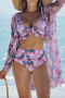 sexy stylish plus-size mesh flowers batch printing padded three-piece swimsuit_Black_White_Light Pink