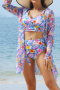 stylish plus-size contrast flowers batch printing padded three-piece swimsuit_Black_White