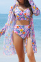 stylish plus-size contrast flowers batch printing padded three-piece swimsuit_Black_White_Light Pink