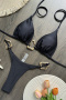 new patchwork padded solid color metal rings lace-up bikini sets_Black
