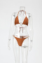 new patchwork padded solid color metal rings lace-up bikini sets_Black_Brown