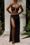 new patchwork solid color padded pearls chiffon halterneck three-piece swimsuit_Black