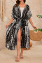 stylish graphic print hooded pocket with belt beach cover-up(only cover-up)_Black