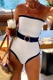 s-xl stylish patchwork contrast padded bandeau one-piece swimsuit (with belt)_Black_White
