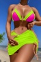 new contrast padded lace-up bikini & drawstring cover-up three-piece swimsuit_Black_Magenta_Yellow_Orange_Light Green