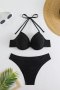 new 3-color patchwork padded underwire texture lace-up bikini sets_Black