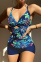 stylish patchwork contrast plants printing padded suspender tankini sets_Black_Dark Blue