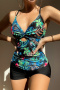 stylish patchwork contrast plants printing padded suspender tankini sets_Black