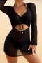 sexy two colors padded hollow dress three-piece swimsuit_Black