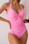 new plus-size patchwork 6-color padded lac-up halterneck one-piece swimsuit_Black_Pink