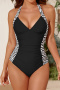 new plus-size patchwork padded geometric printing lace-up halterneck one-piece swimsuit_Black